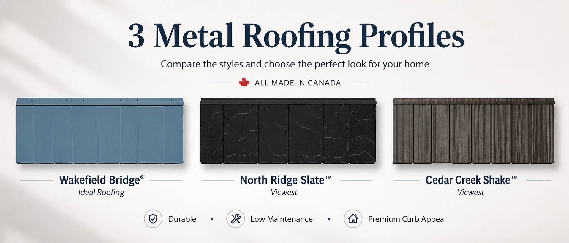 Three metal roofing profiles: Wakefield Bridge by Ideal Roofing, North Ridge Slate by Vicwest, and Cedar Creek Shake by Vicwest